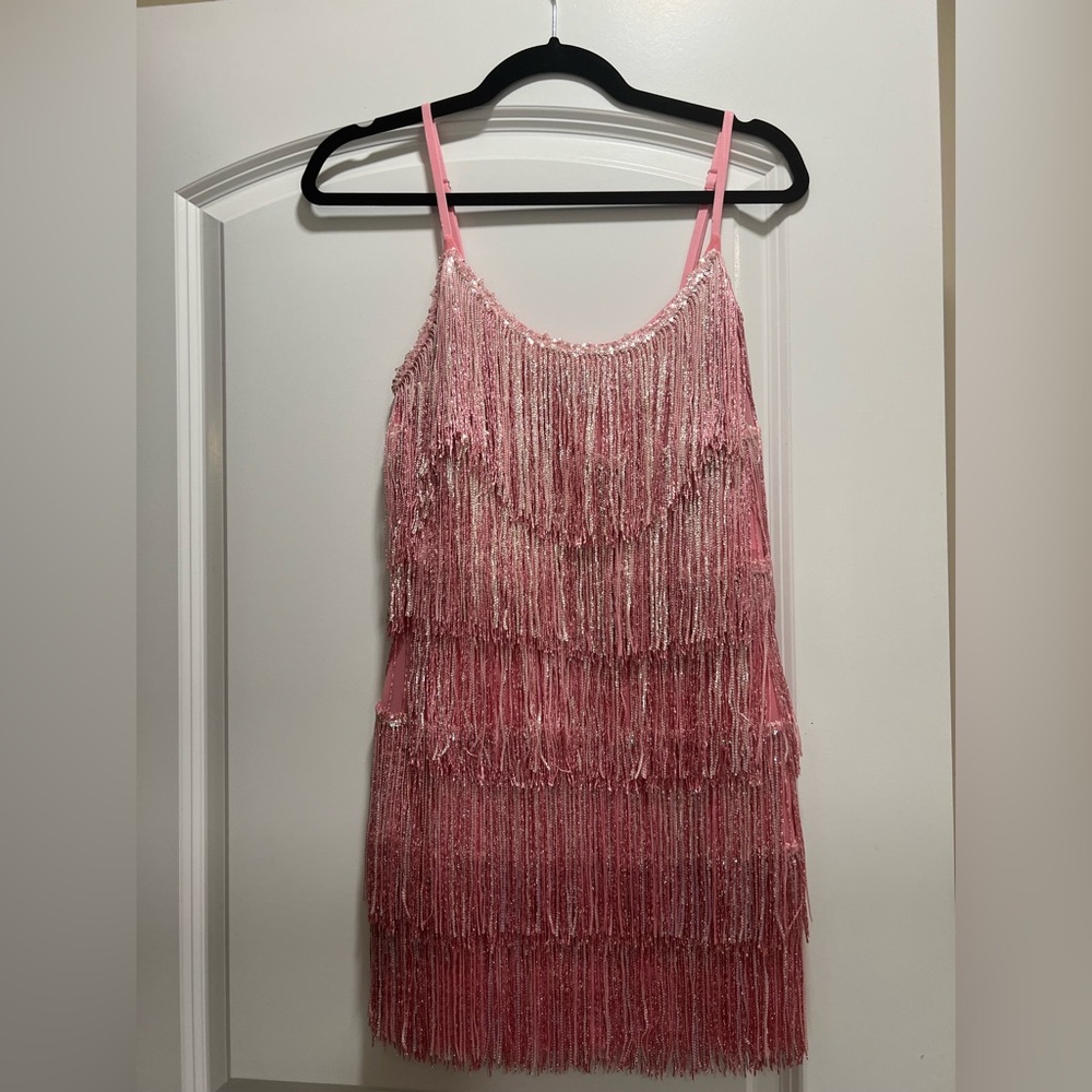 White fox boutique, pink fringe dress